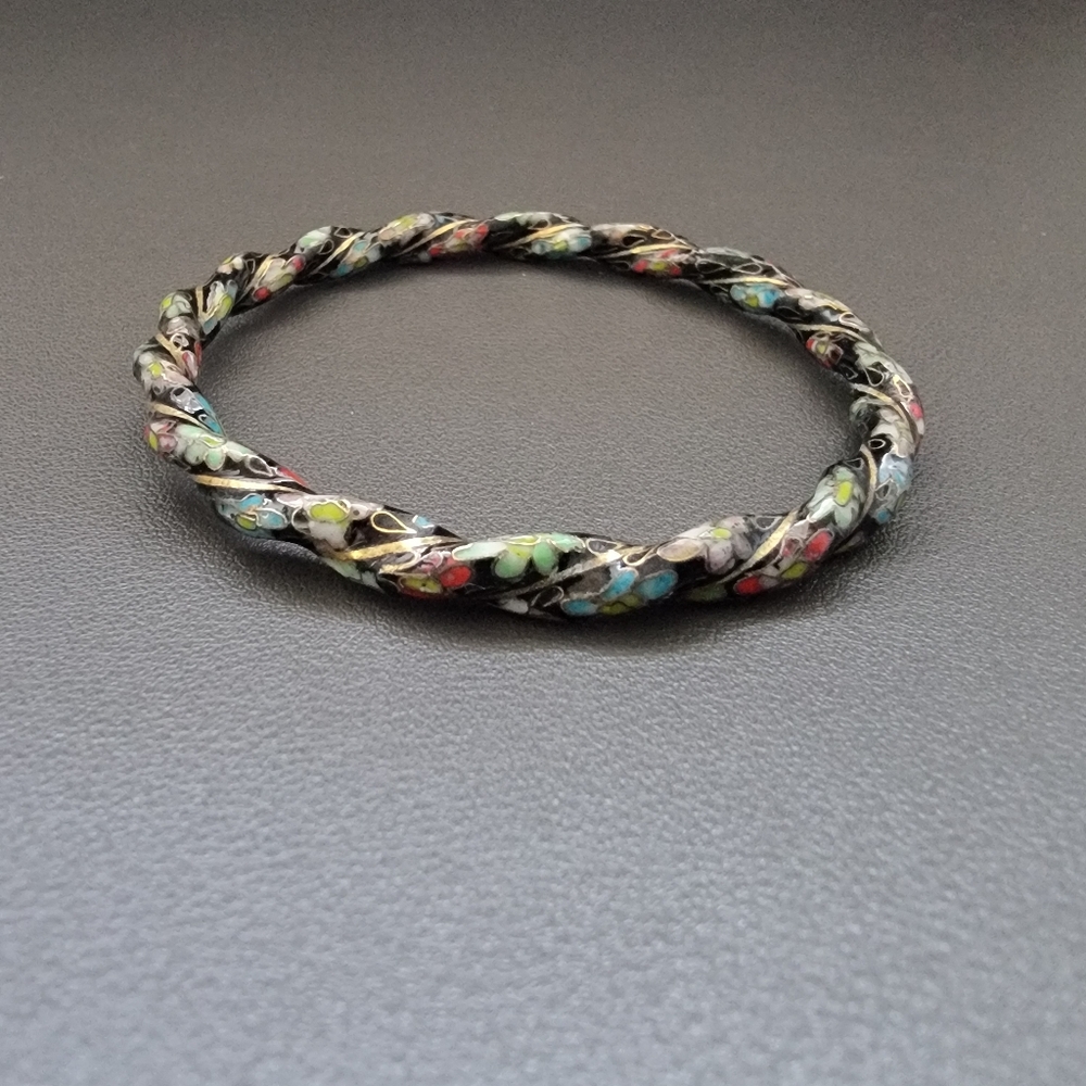 Vintage Twisted Cloisonné Enamel Bangle – Floral Black Gold Stack - Picture 6 of 7